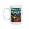 15 oz white ceramic Wrangell-St. Elias Alaska coffee mug featuring MOMENT No. 001 salmon and fish wheel artwork.