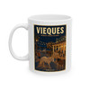 Vieques Island Puerto Rico white ceramic coffee mug featuring vintage-inspired MOMENT No. 005 artwork with wild horses moving through an island town.
