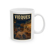 Vieques Island Puerto Rico white ceramic coffee mug featuring vintage-inspired MOMENT No. 005 artwork with wild horses moving through an island town.