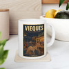 11 oz white ceramic Vieques Island Puerto Rico coffee mug featuring MOMENT No. 005 wild horse artwork.