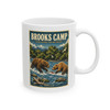 Brooks Camp Katmai National Park Alaska white ceramic coffee mug featuring vintage-inspired MOMENT No. 006 artwork with brown bears and wild salmon along the river.
