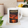 11 oz white ceramic Austin Texas coffee mug featuring MOMENT No. 007 Congress Avenue Bridge bat artwork.