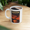 11 oz white ceramic Austin Texas coffee mug featuring MOMENT No. 007 Congress Avenue Bridge bat artwork.