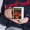 11 oz white ceramic Austin Texas coffee mug featuring MOMENT No. 007 Congress Avenue Bridge bat artwork.