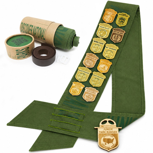 National Park Junior Ranger adventure sash with storage tube and wearable badge display design