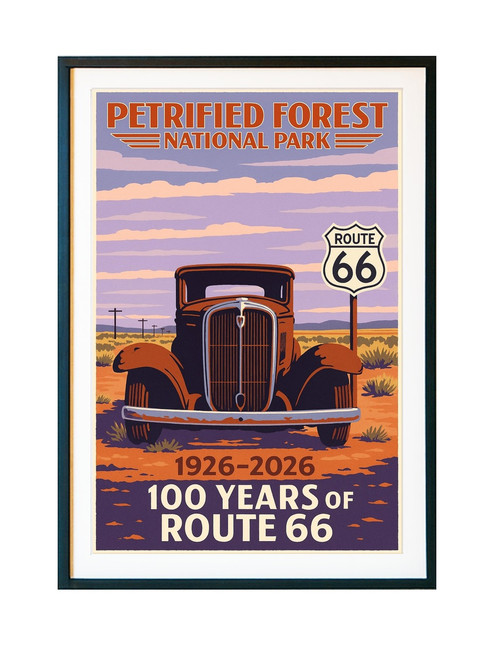 Route 66 Petrified Forest vintage travel poster featuring classic car, desert sunset, and national park landscape