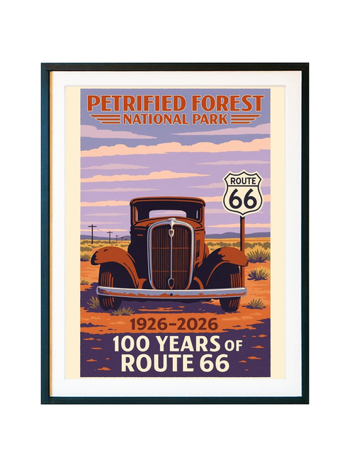 Route 66 Petrified Forest vintage travel poster featuring classic car, desert sunset, and national park landscape