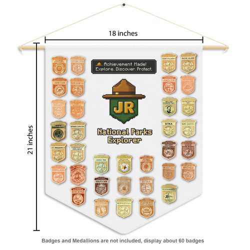 National Parks Explorer junior ranger banner with pixel-style ranger hat badge and achievement-inspired wall display