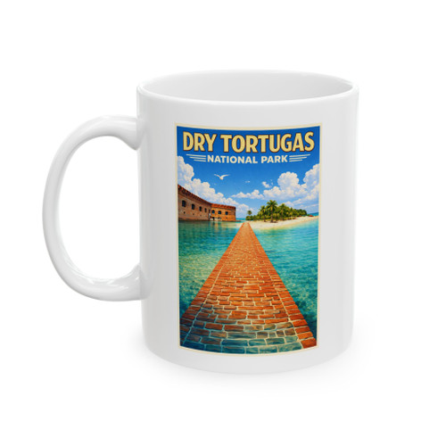 Dry Tortugas National Park beach mug featuring tropical travel poster artwork with turquoise water, palm trees, and coastal walkway