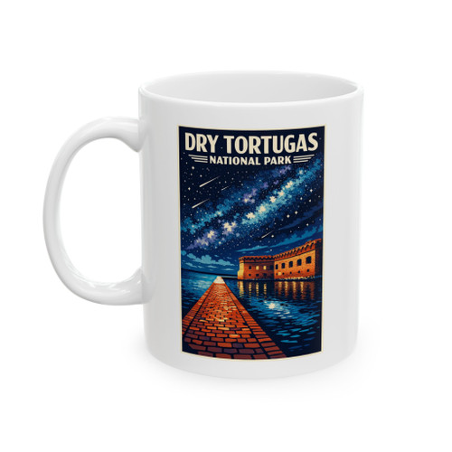 Dry Tortugas National Park night sky mug featuring Fort Jefferson under the Milky Way with camping travel poster artwork