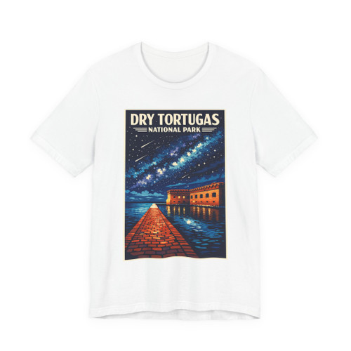 Dry Tortugas National Park Florida night sky t-shirt featuring Milky Way stars, glowing boardwalk, and historic coastal structures