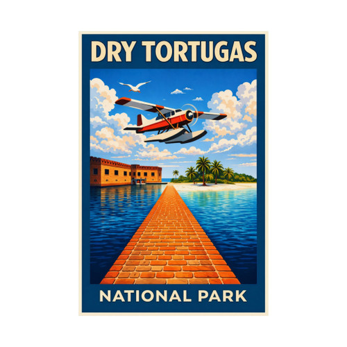 Dry Tortugas seaplane travel poster featuring vintage artwork with floatplane, turquoise lagoon, palm-lined shore, and terracotta brickwork