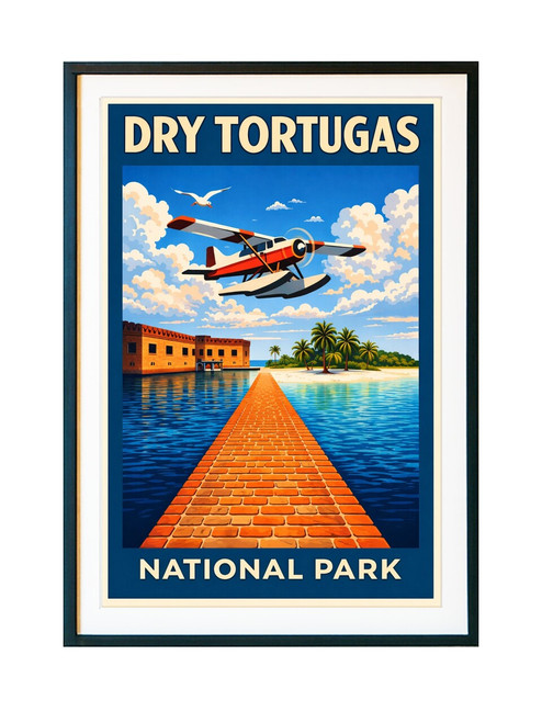 Dry Tortugas seaplane travel poster featuring vintage artwork with floatplane, turquoise lagoon, palm-lined shore, and terracotta brickwork