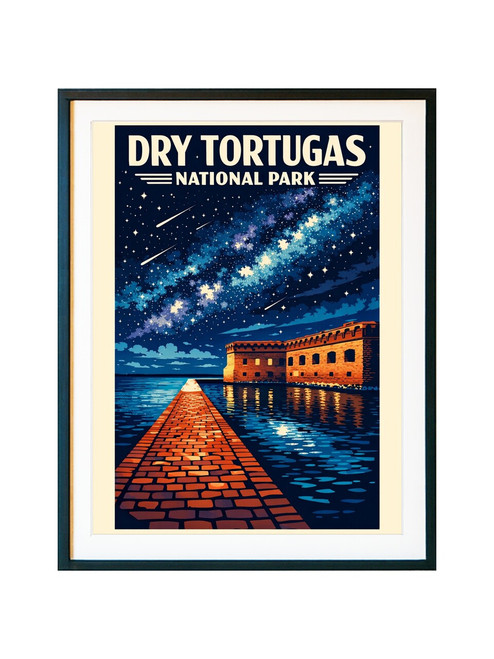 Dry Tortugas National Park night sky poster featuring Fort Jefferson, glowing brick walkway, and Milky Way stars