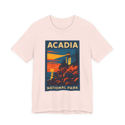 Acadia Lighthouse Sunset Tee – Vintage National Park Poster T-Shirt