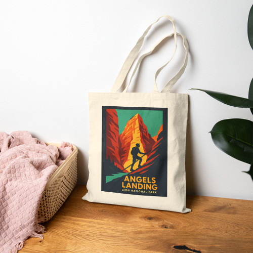 Angels Landing Hiker Tote – Zion National Park Vintage Poster Canvas Bag