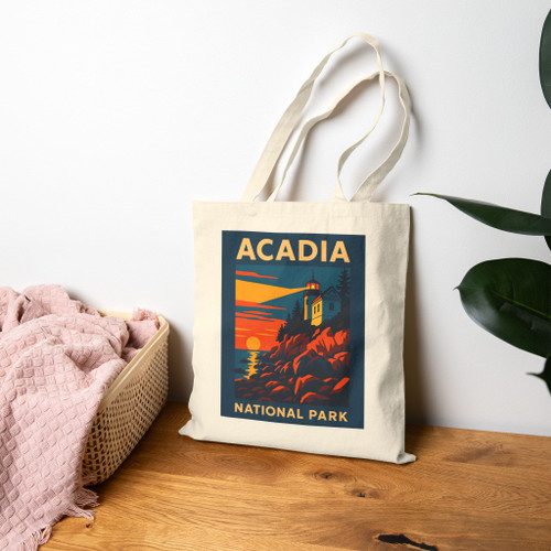 Acadia National Park Tote Bag – Sunset Lighthouse Vintage Travel Poster Canvas Tote
