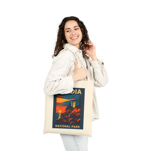 Acadia National Park Tote Bag – Sunset Lighthouse Vintage Travel Poster Canvas Tote