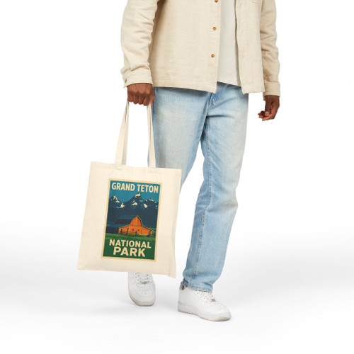 Grand Teton Barn Tote Bag – Vintage Mountain Barn Travel Poster Canvas Tote