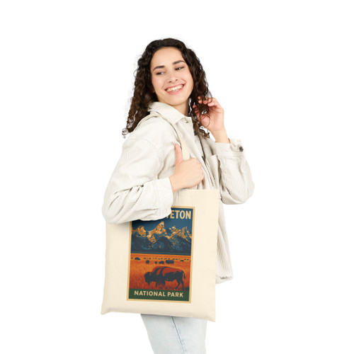 Grand Teton National Park Tote Bag – Vintage Bison Landscape Travel Poster Canvas Tote