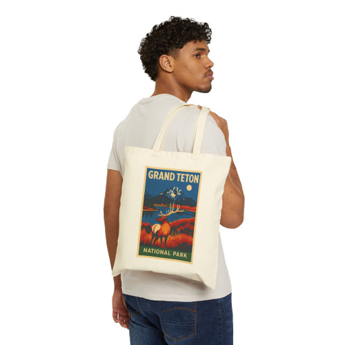 Grand Teton National Park Elk Tote Bag – Vintage Landscape Travel Poster Canvas Tote