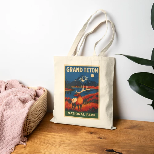 Grand Teton National Park Elk Tote Bag – Vintage Landscape Travel Poster Canvas Tote