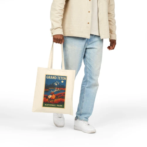 Grand Teton National Park Elk Tote Bag – Vintage Landscape Travel Poster Canvas Tote