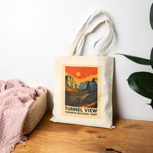 Tunnel View Sunrise Yosemite Tote Bag – Vintage National Park Poster Canvas Tote