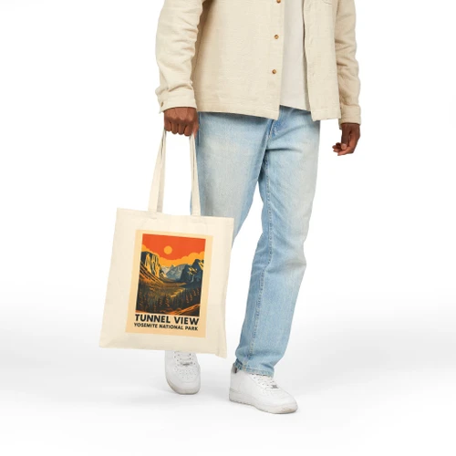 Tunnel View Sunrise Yosemite Tote Bag – Vintage National Park Poster Canvas Tote