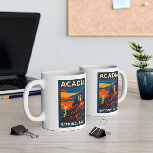 Acadia Lighthouse Sunset Mug – Vintage National Park Travel Ceramic Coffee Cup