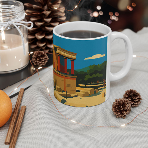 Crete Travel Poster Mug – Palace of Knossos Vintage Ceramic Coffee Cup