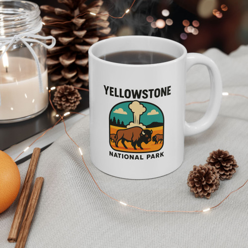 Yellowstone Bison Mug – Vintage National Park Badge Ceramic Coffee Cup