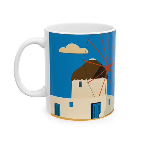 Mykonos Windmills Mug – Greece Vintage Travel Poster Ceramic Coffee Cup