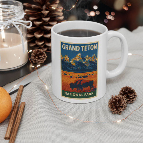 Grand Teton Bison Mug – Vintage National Park Travel Poster Coffee Cup