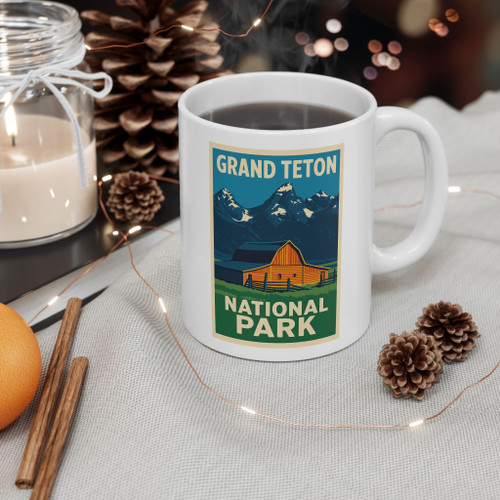 Grand Teton Barn Mug – Vintage Mountain National Park Coffee Cup