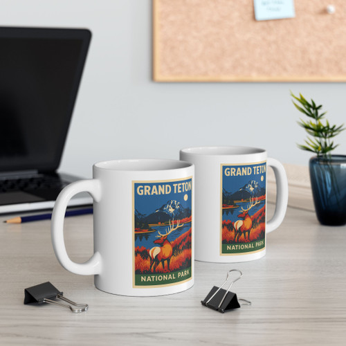 Grand Teton Elk Mug – Vintage National Park Travel Poster Coffee Cup