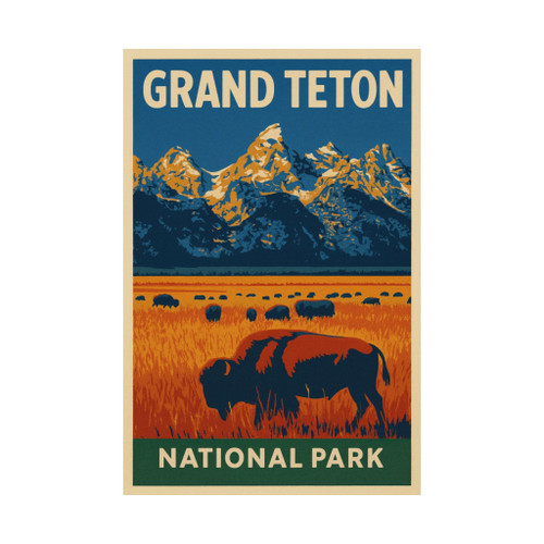 Grand Teton National Park Bison Poster – Retro Travel Art Matte Wall Print (Unframed)