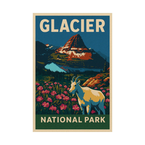 Glacier National Park Vintage Travel Poster – Mountain Goat & St. Mary Lake Matte Vertical Wall Print (Unframed)