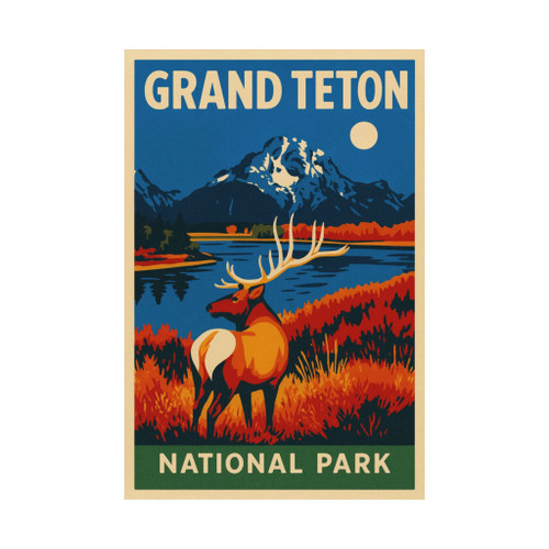 Grand Teton Elk Vintage Travel Poster – Matte Vertical National Park Wall Art (Unframed)