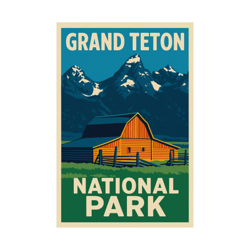 Grand Teton National Park Vintage Poster – Matte Vertical Barn & Snowy Peaks Wall Art (Unframed)