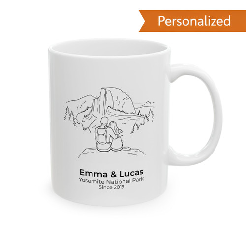 Personalized Yosemite National Park Half Dome Couple Mug | Custom Names & Date Coffee Cup