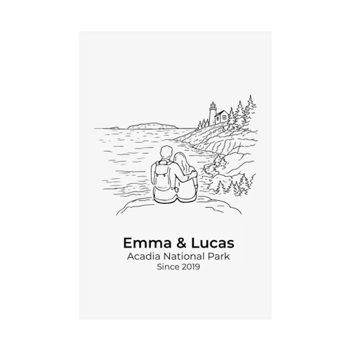 Personalized Acadia National Park Couple Print | Custom Names & Date Coastal Line Art Wall Art
