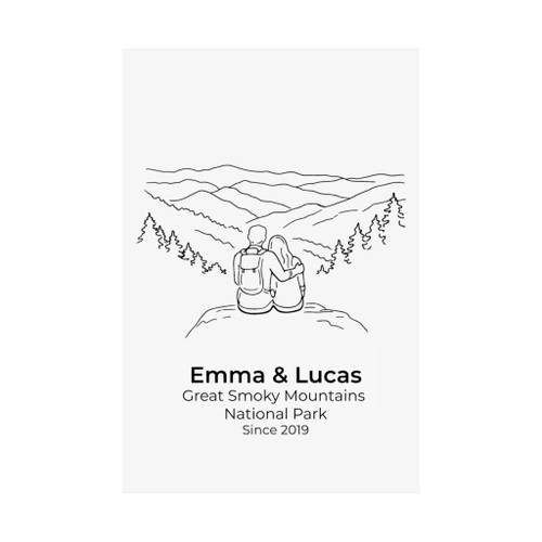 Personalized Great Smoky Mountains Couple Print | Custom Names & Date Mountain Line Art Wall Art