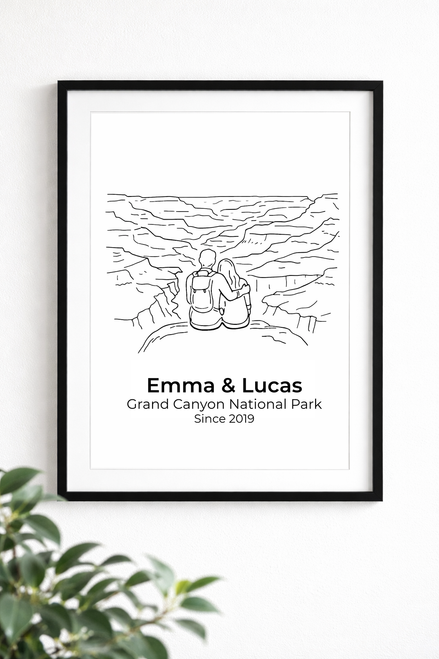 Personalized Grand Canyon Couple Print | Custom Names & Date Minimalist Line Art Wall Art