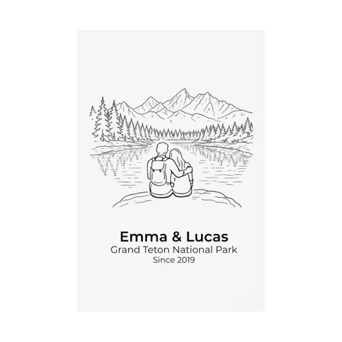 Personalized Grand Teton Couple Print | Custom Names & Date Minimalist Mountain Wall Art