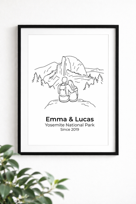 Personalized Yosemite Half Dome Couple Print | Custom Names & Date Minimalist Wall Art