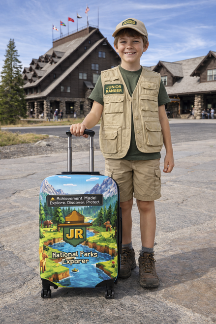 Junior Ranger luggage cover with pixel-style national park design on suitcase