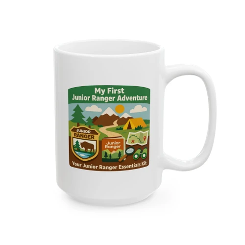 Junior Ranger mug with outdoor adventure badge design