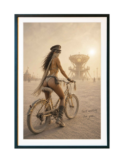 Still Waiting for You desert rider wall art featuring a woman with a bicycle on a warm dusty desert landscape.