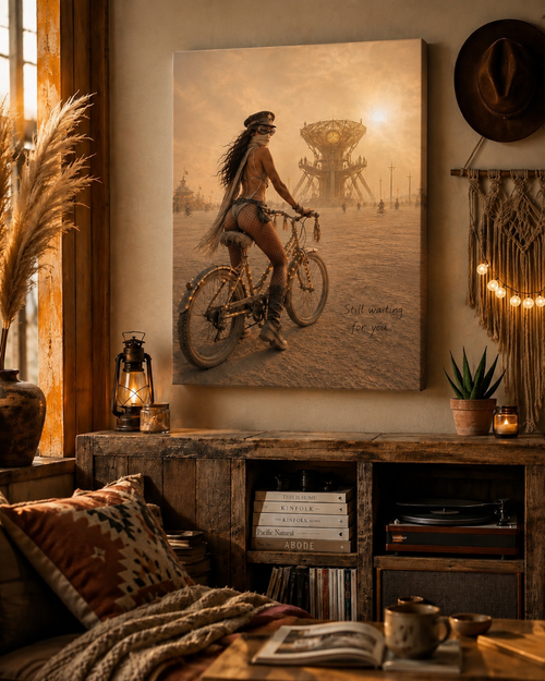 Close-up of desert rider artwork showing warm golden tones, bicycle lights and detailed dusty atmosphere.